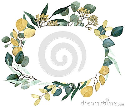 Watercolor summer greenery frame. Seeded eucalyptus branches, spring greenery. Wedding floral invitation frame. Stock Photo