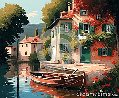 Watercolor summer landscape with Sailboats, flowers and house vector illustration Cartoon Illustration