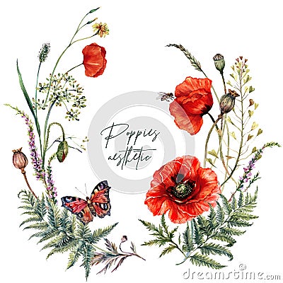 Watercolor Summer Meadow Wildflowers and Poppies Wreath Vector Illustration