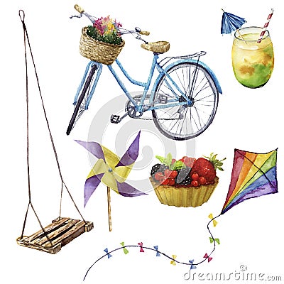 Watercolor summer pleasures set. Hand painted summer vacation objects: swing, cocktail, kait, fruit cake, bike and Stock Photo