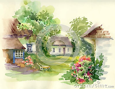 Watercolor summer rural landscape with trees at countryside. Vector Illustration