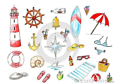 Watercolor summer sea beach set. Summer funny design elements. Stock Photo