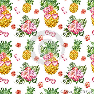 Funny summer seamless pattern with fresh pineapple in sunglasses and tropical plants on white background. Cute hawaiian print Stock Photo