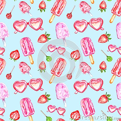 Watercolor summer seamless pattern with sweet popsicles, candy, sunglasses and srtawberry on blue background. Cartoon Illustration