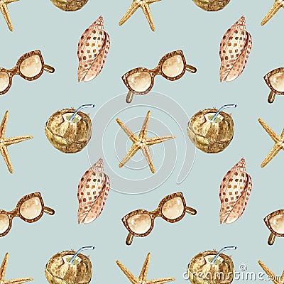 Watercolor summer vacation seamless pattern. Summer vibes illustration. Starfish, seashell, sunglasses, coconut milk juice Stock Photo