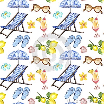 Watercolor summer vacation seamless pattern on white background. Beach chair, umbrella, sunglasses, pina colada cocktail Cartoon Illustration