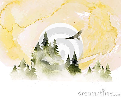 Watercolor summer vector landscape in green and golden colors. Forest, eagle and sunrise. Hand drawn illustration Vector Illustration