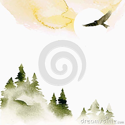 Watercolor summer vector landscape in green, golden and white colors. Nature watercolor template. Forest, sun and eagle. Hand Vector Illustration