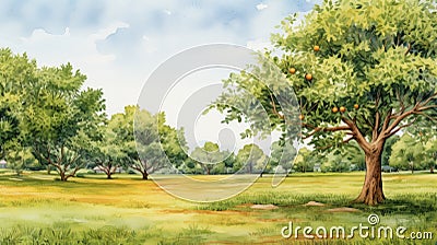 Watercolor Summer Vibrant Mango Tree Meadow Illustration Stock Photo