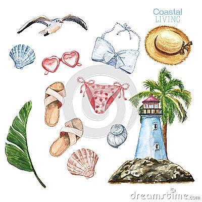 Watercolor summertime beach set. Hand drawn woman swimsuit, hat, sandals, seashell, palm tree, tropical plant, lighthouse, seagull Stock Photo