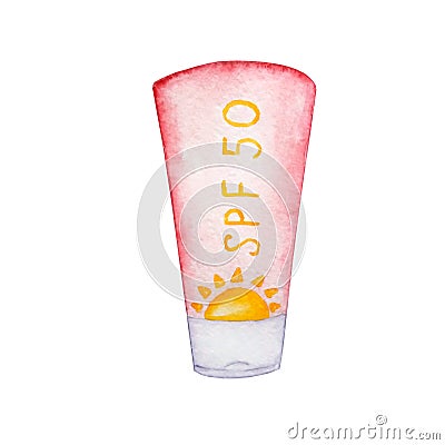 Watercolor sunscreen in a pink tube Stock Photo