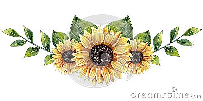 Watercolor sunflower arrangement, floral border. Stock Photo