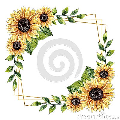 Watercolor Sunflower Floral Frame Design. Stock Photo