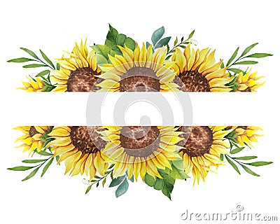 Watercolor Sunflower Frame. Floral Frame with Sunflowers and Leaves. White background. Watercolor floral. Botanical Drawing Stock Photo