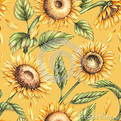 Watercolor sunflower patterns on orange background Stock Photo