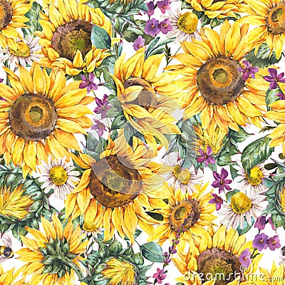Watercolor sunflowers summer vintage seamless pattern. Natural yellow floral texture Stock Photo