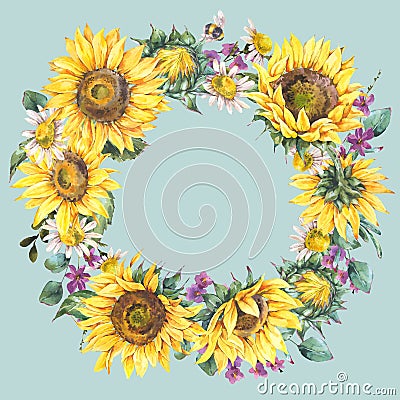 Watercolor sunflowers summer vintage wreath. Natural yellow floral frame Stock Photo