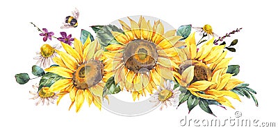 Watercolor sunflowers summer vintage wreath. Natural yellow floral greeting card Stock Photo