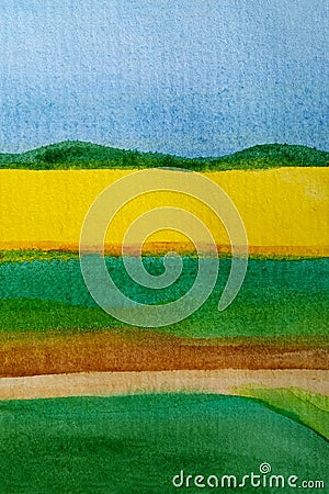 Watercolor sunny landscape with yellow sunflowers field on the horizon with blue sky and green grass meadows in front. Vertical Stock Photo