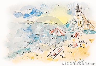 Watercolor sunrise,sea, beach with loungers and castle. Artistic Crimea seascape illustration Cartoon Illustration