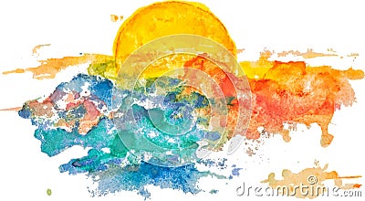 Watercolor sunset, dawn, yellow sun Vector Illustration