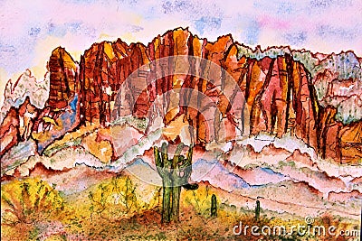 Watercolor Superstition Mountains Wilderness Area Phoenix Arizona Stock Photo