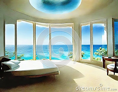Watercolor of Surreal bedroom with stunning ocean Stock Photo