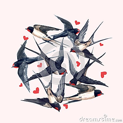 Watercolor swallow bird composition Vector Illustration
