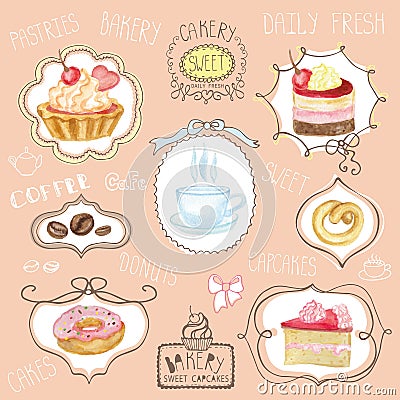 Watercolor sweet cakes label set.Cafe logo Vector Illustration