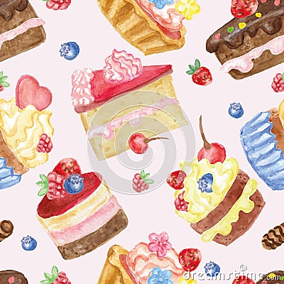 Watercolor sweet cakes seamless pattern with berries Vector Illustration