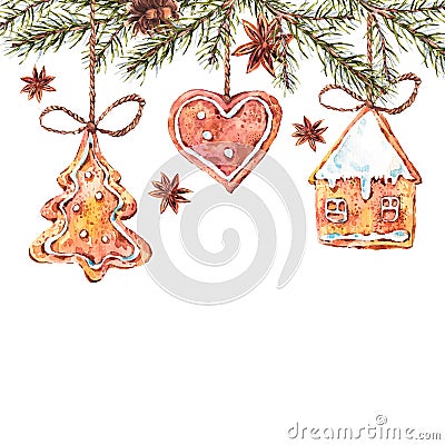 Watercolor sweet Christmas gingerbread cookies Stock Photo