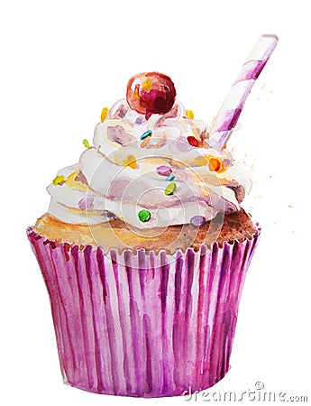 Watercolor sweet cupcake Stock Photo