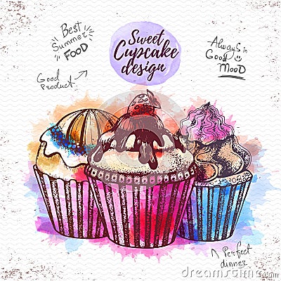 Watercolor sweet cupcake illustration Vector Illustration