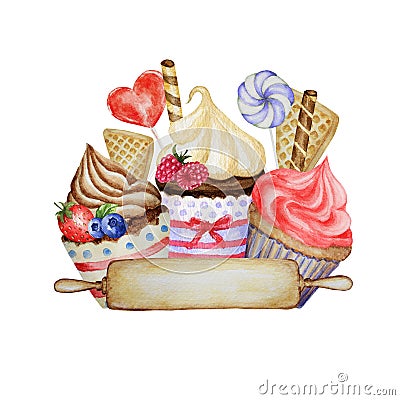 Watercolor Sweet deserts with Cream and biscuit, waffle, cake, cupcake, berries. Hand drawn delicious food illustration Cartoon Illustration