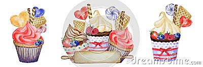 Watercolor Sweet deserts set with Cream and biscuit, waffle, cake, cupcake, berries. Hand drawn delicious food Cartoon Illustration