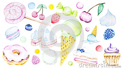 Watercolor sweet set in pastel colors with ice cream, donut, cake, berries Stock Photo