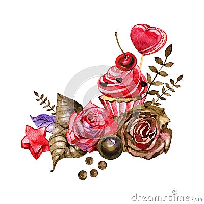 Watercolor sweets. Candies,chocolate, macaroon Bouquet of sweets and flowers Stock Photo