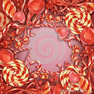 Watercolor sweets card. New year lollipop border with decor for design, print or background. Space for text. Stock Photo