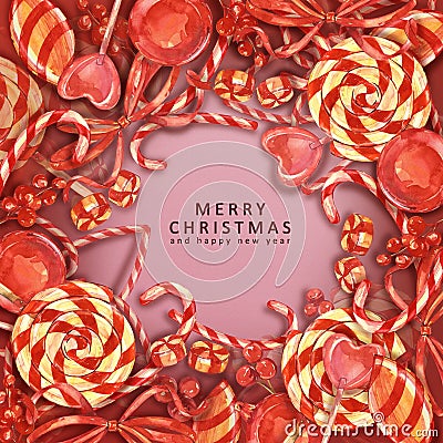 Watercolor sweets card. New year lollipop border with decor for design, print or background. Xmas text on paper Stock Photo