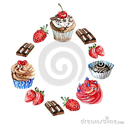 Watercolor sweets label. Card background with hand drawn food objects: cupcakes, chocolate, berry. Party time frame Stock Photo