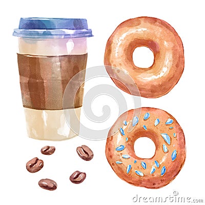 Watercolor sweets set with donuts and coffee Cartoon Illustration