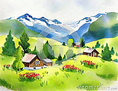 Watercolor of swiss alpine village technology Stock Photo