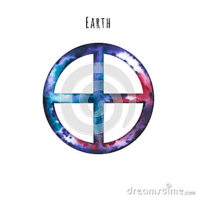 Watercolor symbol of Earth. Hand drawn illustration is isolated on white. Astrological sign Cartoon Illustration