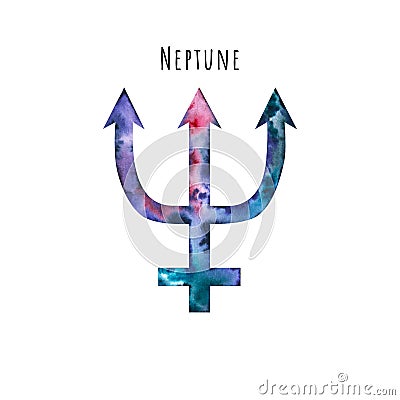 Watercolor symbol of Neptune. Hand drawn illustration is isolated on white. Astrological sign Cartoon Illustration