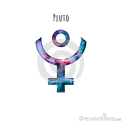 Watercolor symbol of Pluto. Hand drawn illustration is isolated on white. Astrological sign Cartoon Illustration