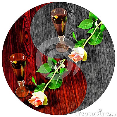 Watercolor symbol Yin-Yang. Wine glass and roses flower on wooden background. Watercolor illustration of mandala Cartoon Illustration