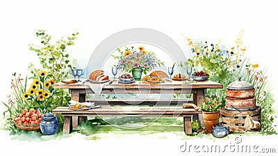 Watercolor Table Set For Garden: Celebration Of Rural Life Cartoon Illustration