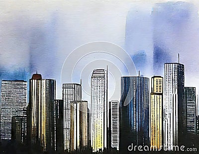 Watercolor of Tall buildings in Minato ward at Stock Photo