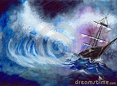 Watercolor tall ship in the storm Cartoon Illustration