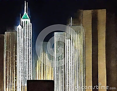 Watercolor of Tall urban tower illuminated in city center during Stock Photo